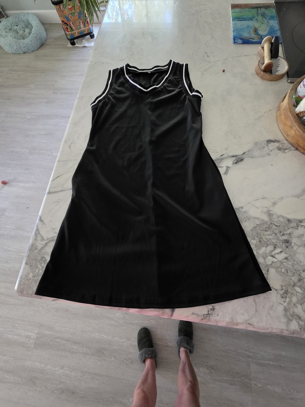 Black Sleeveless V-Neck Knit Dress with White Trim **New**